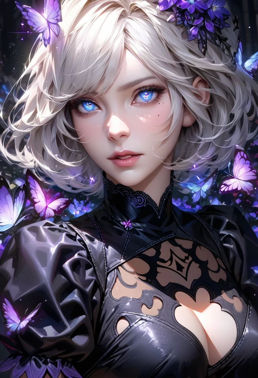 Ultra detailed, Highres, absurdres, HDR, master piece, 2B, white hair, expressive blue eyes, white eyelashes, Nier Automata, black dress with patterns, purple ice flowers, petals, extremely beautiful, woman, solo, extremely detailed eyes and face, purple ice, purple ice glittering butterflies, mole under her lips, realistic face, glittering, glittering eyes,