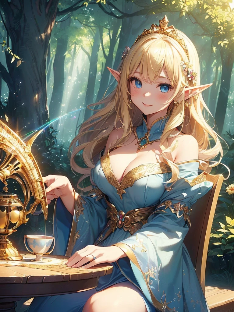 最high quality、Best image quality、masterpiece、The season is spring、Elf Beauty((20-year-old、Best Bust、、Bust 90,Beautiful Blue Eyes、,Blonde long hair、In a beautiful white dress、Close-up、Sitting on a chair、table、tea、flower、flower瓶、Magic Harp、Gold ring on wrist、Beautiful tiara、high quality、Beautiful art、、Visual Arts、Depth of written boundary、reading、 、Low angle、Sexy、Elf Ears、Feathers glow in iridescent colors、The magic of light、In the beautiful forest、Big Tree Night、、Fun Concerts、Smile、Gentle light、Magic Palace