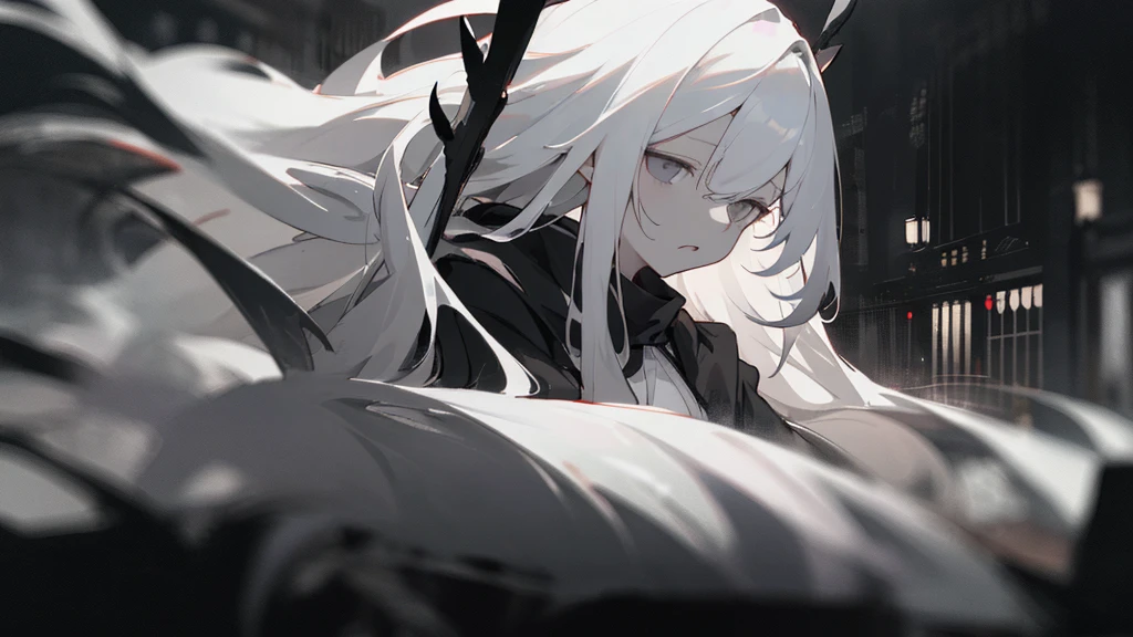 (masterpiece、highest quality)、Very long white hair、Very long white hairの女の1人、Black cardigan、Grim expression、Grey Eyes、Warm lighting、 Blurred foreground、Deep in the night、High Contrast、night、In the city,it's snowing,Heavy snowfall,winter,Alone in the vast snowy field,whole body,curse,Facing forward,Huge construction,Flying with robot wings,Long Hair,Pitch black night,full moon,universe,Princess Kaguya,planet