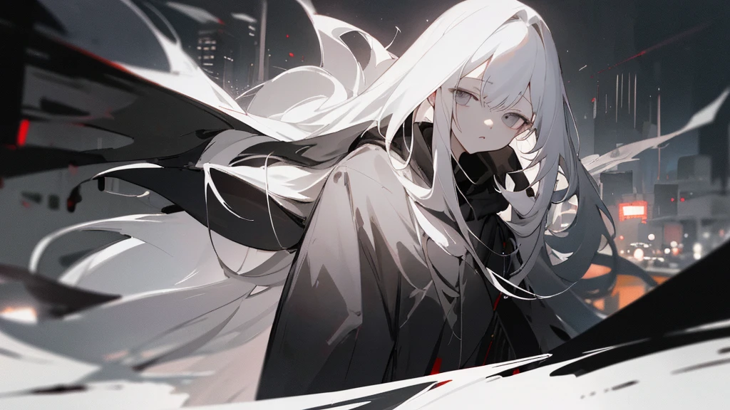 (masterpiece、highest quality)、Very long white hair、Very long white hairの女の1人、Black cardigan、Grim expression、Grey Eyes、Warm lighting、 Blurred foreground、Deep in the night、High Contrast、night、In the city,it's snowing,Heavy snowfall,winter,Alone in the vast snowy field,whole body,curse,Facing forward,Huge construction,Flying with robot wings,Long Hair,Pitch black night,full moon,universe,Princess Kaguya,planet