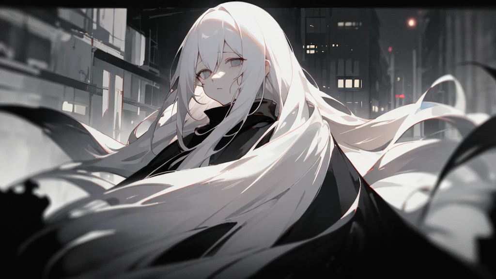 (masterpiece、highest quality)、Very long white hair、Very long white hairの女の1人、Black cardigan、Grim expression、Grey Eyes、Warm lighting、 Blurred foreground、Deep in the night、High Contrast、night、In the city,it's snowing,Heavy snowfall,winter,Alone in the vast snowy field,whole body,curse,Facing forward,Huge construction,Flying with robot wings,Long Hair,Pitch black night,full moon,universe,Princess Kaguya,planet