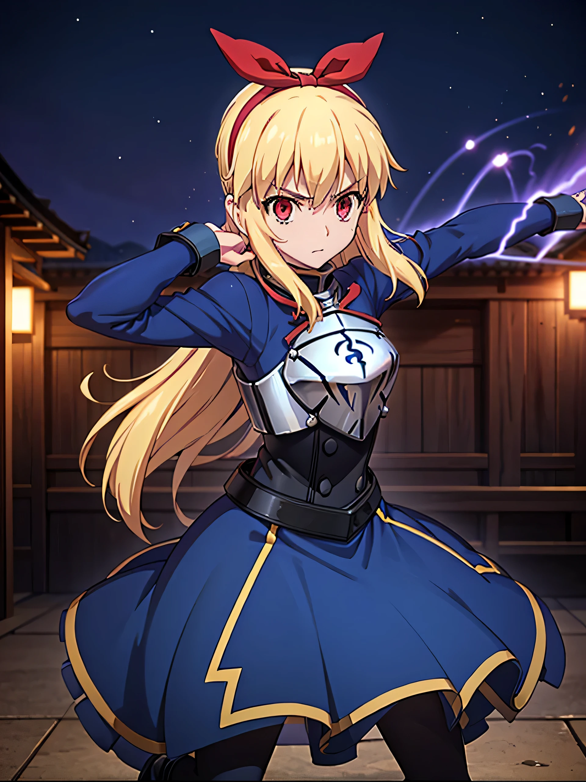 (red ribbon on hairband:1.2),（8K, best quality, muste piece:1.2)、ultra high resolution,1 very cute girl,hosimiya ichigo,ultra-detailed face, detailed eyes,RED eyes,masterpiece, best quality,1girl, , Full body shot, weapon, chain, very long hair, looking at viewer,(kbxll:0.5), Japanese Shrines, fantasy, bodysuit,city, energy ball, razer, lightning bolt, skirt, zettai ryouiki, Petrifying Demon Eye, dust-effect,Grain effect,Neon-light-effect, moon,tentacles,
artoria pendragon \(fate\), armor, dress, suit, excalibur \(fate/stay night\),
fighting stance, dinamic angle, sparks,shirt lift,battle,A grand city in the year 2100, wide shot, hyper realistic, Nausicaa Ghibl,