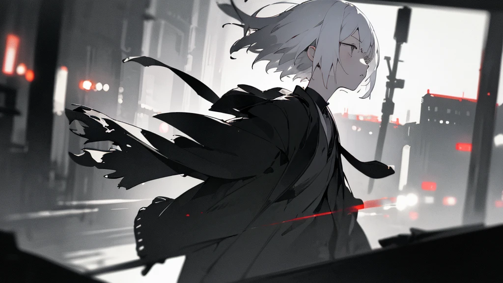 (masterpiece、highest quality)、Short nape hair、1 girl with very short white hair、Black cardigan、Grim expression、Grey Eyes、Warm lighting、 Blurred foreground、Deep in the night、High Contrast、night、In the city,it&#39;s snowing,Heavy snowfall,winter,Alone in the vast snowy field,whole body,curse,Facing forward,Huge construction,Flying with robot wings,Long Hair,Pitch black night,full moon,universe