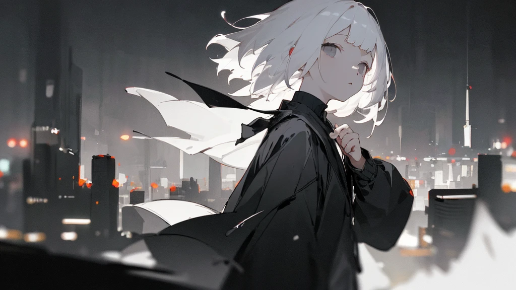 (masterpiece、highest quality)、Short nape hair、1 girl with very short white hair、Black cardigan、Grim expression、Grey Eyes、Warm lighting、 Blurred foreground、Deep in the night、High Contrast、night、In the city,it's snowing,Heavy snowfall,winter,Alone in the vast snowy field,whole body,curse,Facing forward,Huge construction,Flying with robot wings,Long Hair,Pitch black night,full moon,universe