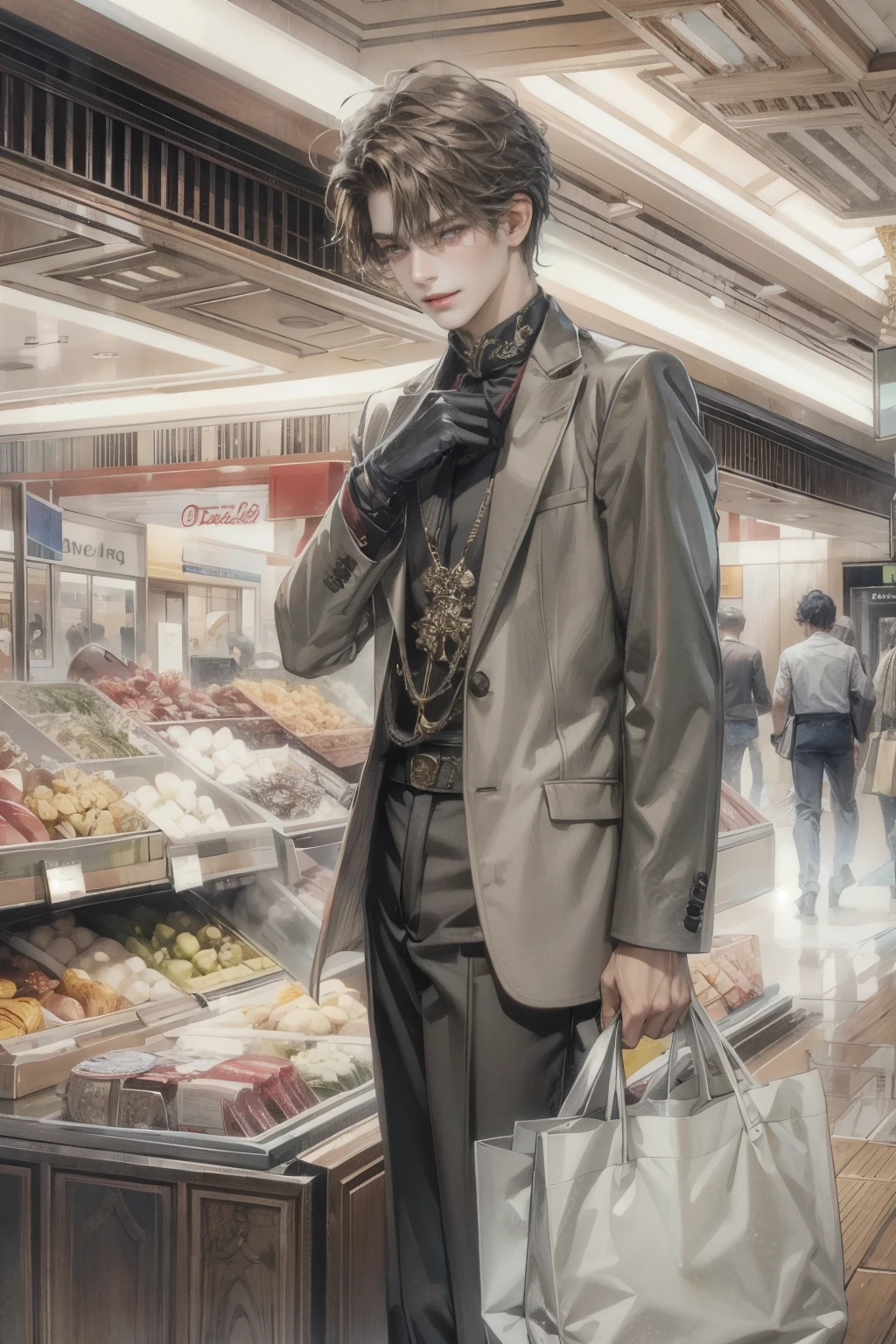 (masterpiece, top quality, best quality, official art, enchanting and aesthetic:1.2), (1 boy), smile face, male, guy, face focus, anime, teen guy, young man , best fashion outfit on boy in shopping mall, formal fashion vibes, extremely detailed accessory, pale skintone (realistic art:1.3),highest detail, kenouji, Teen, boy, young man, male, short hair, close-up face, perfect face, extremely clean details, extremely detailed surrounding magnificent shopping mall, very clean details 