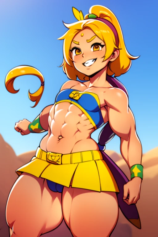 1 chica, pelo rubio, cabello corto, Yellow belt, cola creciendo teru, chica joven, linda sonrisa, alta calidad,pecho enorme, curvas, small bikini, musculos 