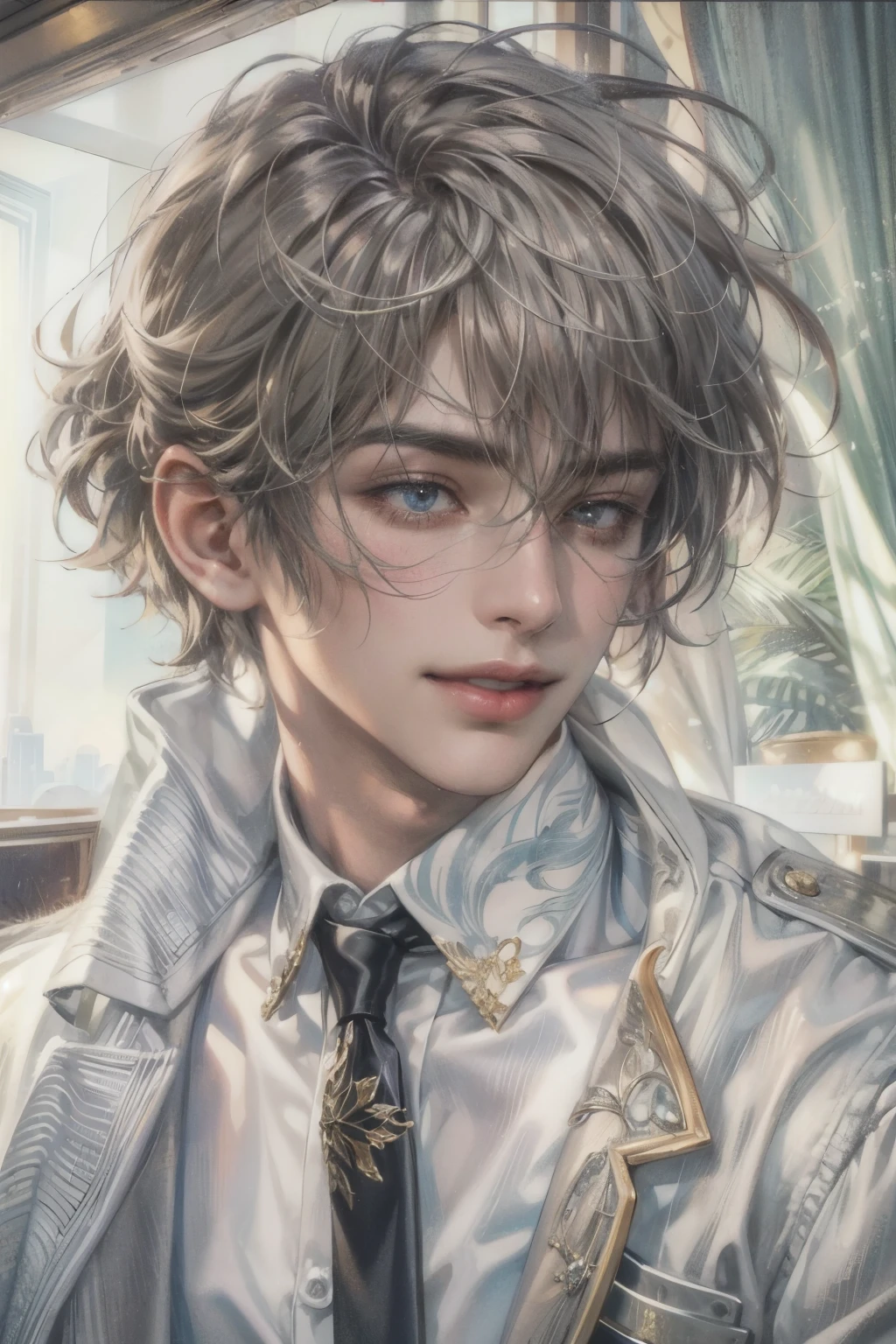 (masterpiece, top quality, best quality, official art, enchanting and aesthetic:1.2), (1 boy), smile face, male, guy, face focus, anime, guy, young man , best fashion outfit on boy in shopping mall, formal fashion vibes, extremely detailed accessory, pale skintone (realistic art:1.3),highest detail, kenouji, Teeny, young man, male, short hair, close-up face, perfect face, extremely clean details, extremely detailed surrounding magnificent shopping mall, very clean details