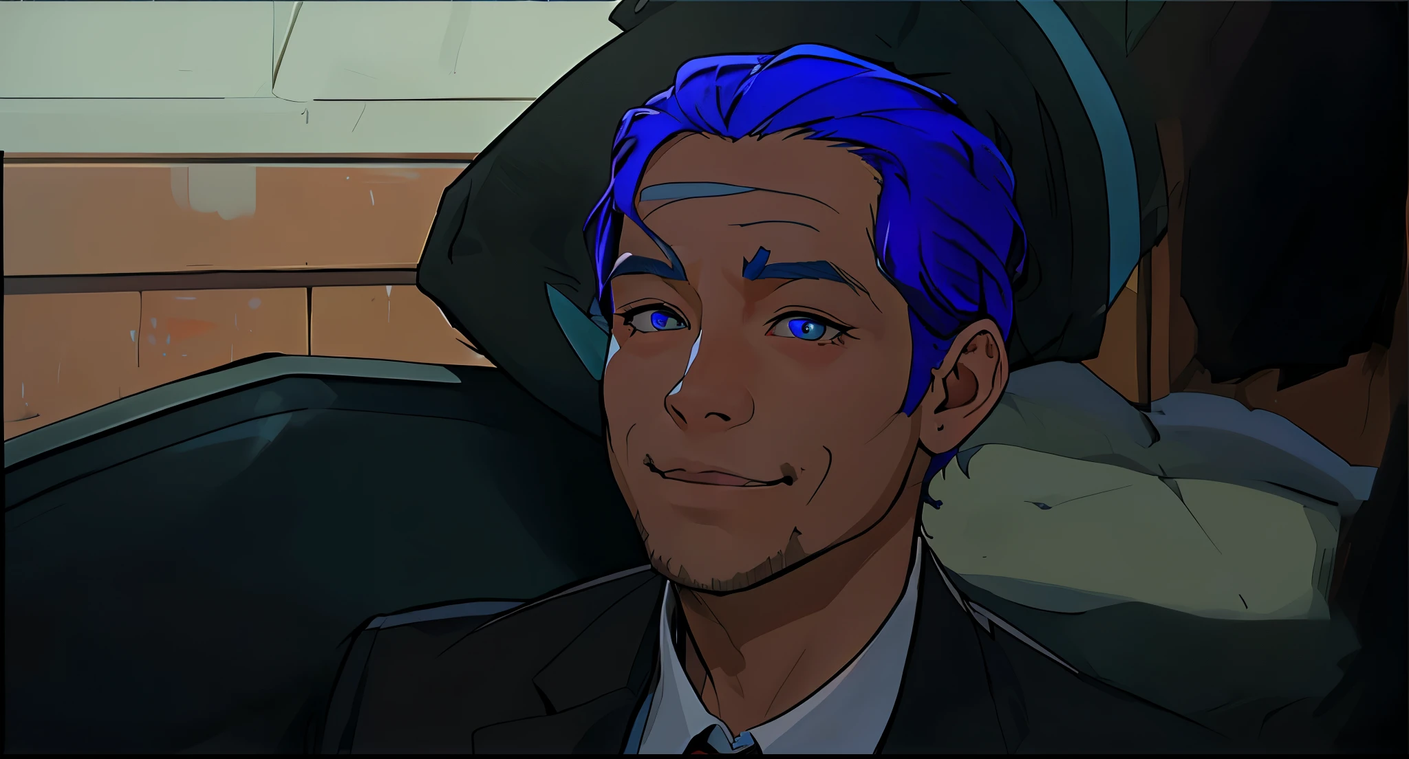 un hombre de cabello  azul ojos azules hace preguntas