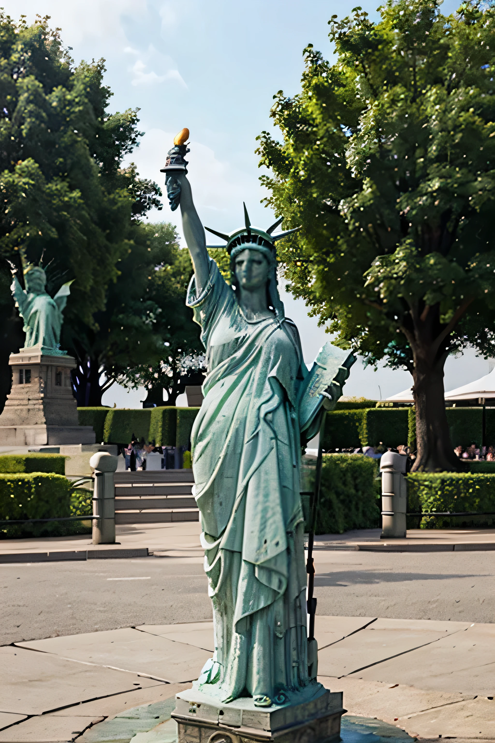 Perspective Model of the Statue of Liberty holding an umbrella high in her left hand in a theme park on the lawn. High statue pedestal. There are many tourists visiting and taking photos
