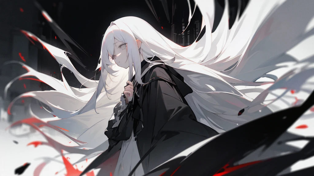 (masterpiece、highest quality)、Very long white hair、Very long white hairの女の1人、Black cardigan、Grim expression、Grey Eyes、Warm lighting、 Blurred foreground、Deep in the night、High Contrast、night、In the city,it&#39;s snowing,Heavy snowfall,winter,Alone in the vast snowy field,whole body,curse,Facing forward,Huge construction,Flying with robot wings,Long Hair,Pitch black night,full moon,universe,Princess Kaguya,planet