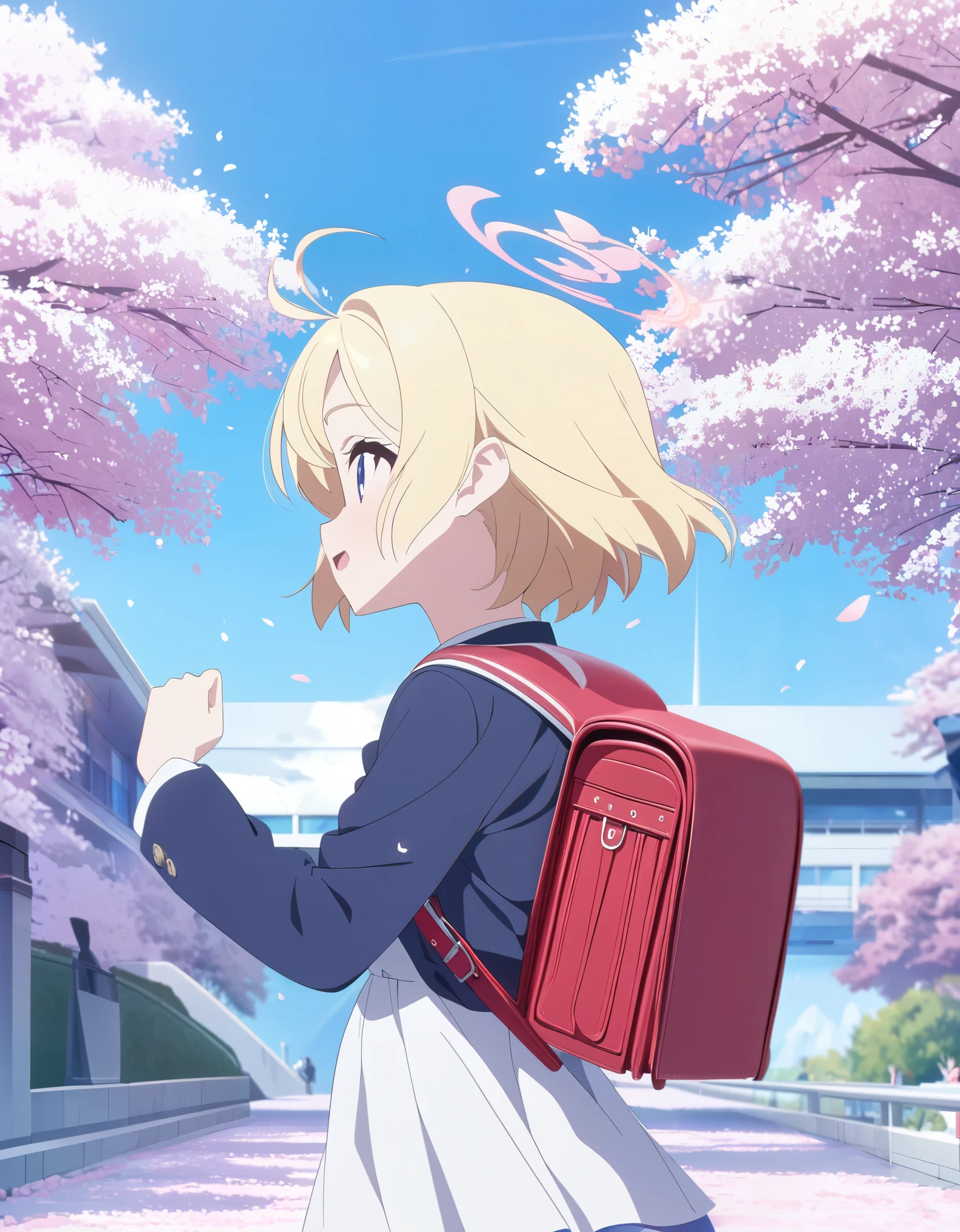 (masterpiece), (ultra-detailed), best quality, 8k, (randoseru backpack:1.0), texture pose, blonde hair、short hair、 primary school student、The boy stops and looks back、cherry blossom petals fall、Cherry blossom trees 、Camera work that shoots the boy from a distance、blue sky, anime style