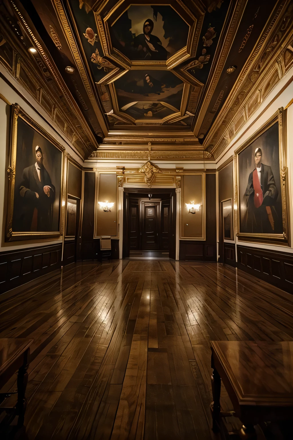 make me a mafia room with a painting in the center in a perspective that shows the ceiling of the room (mostre o quadro inteiro)