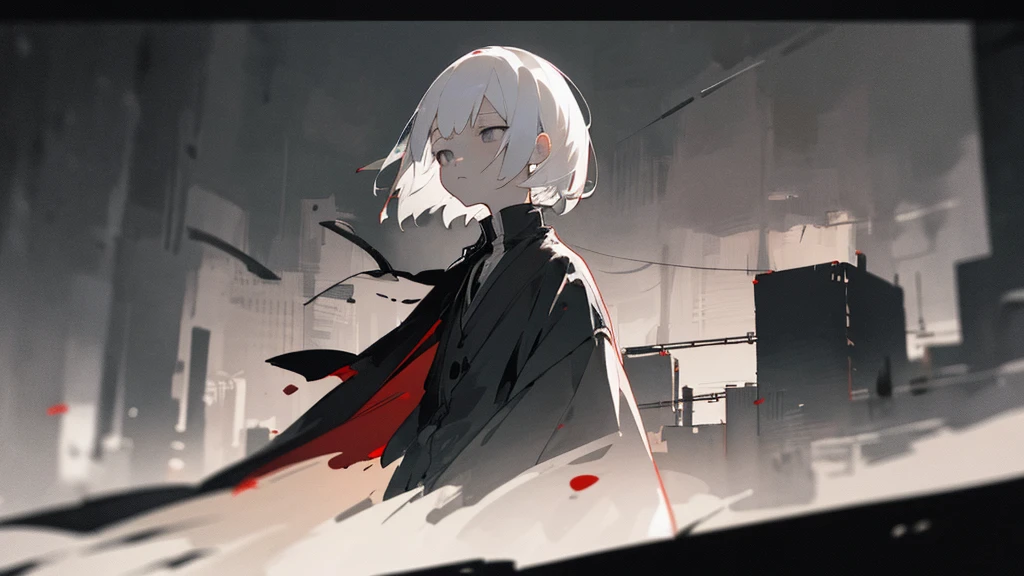 (masterpiece、highest quality)、Short nape hair、1 girl with very short white hair、Black cardigan、Grim expression、Grey Eyes、Warm lighting、 Blurred foreground、Deep in the night、High Contrast、night、In the city,it's snowing,Heavy snowfall,winter,Alone in the vast snowy field,whole body,curse,Facing forward,Huge construction,Flying with robot wings
