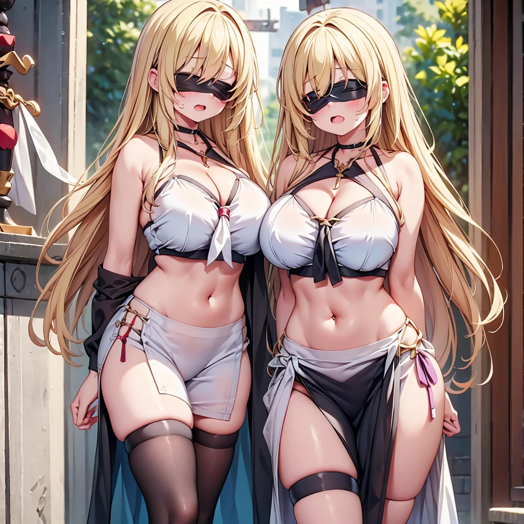 highest quality,wonderful,finely,extremely detailed CG Unity 8K wallpaper, (Stand in line:1.2), (3 girls, blonde, clothed), (huge breasts:1.2), (cleavage cutout:1.2), (crop top navel:1.2), (open mouth:1.1), (long tongue:1.1), (mouth drool:1.1), (black stockings:1.1),(Thighs:1.2),(Waistline:1.2),(black blindfold, blindfold:1.5)