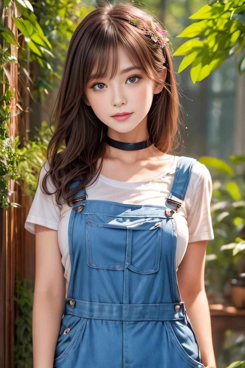 Very beautiful woman, Highly detailed eyes, Highly detailed face, Highly detailed lips, Super detailed everything, Attractive woman, Black Choker, blue eyes, Very long eyelashes, bangs, Big Breasts, highest quality, masterpiece, ((Slim face)), Japanese actress, ((High nose)), ((Mountain Girl)), Happy atmosphere, , ((forest, Dense forest)), mini skirt, ((Overalls))，Herb clusters