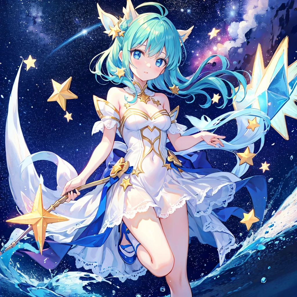 Super Idol　a beauty girl　A charming smile　sky blue hair　length hair　Twin-tailed　See-through outfit like a sparkly pale bright green and white leotard　Fantasia　constellation　a moon　Crystal Brilliance　The water on the surface of the lake、Soaring to the heavens around the beautiful girl field　Aurora Borealis in the Night Sky　facing front