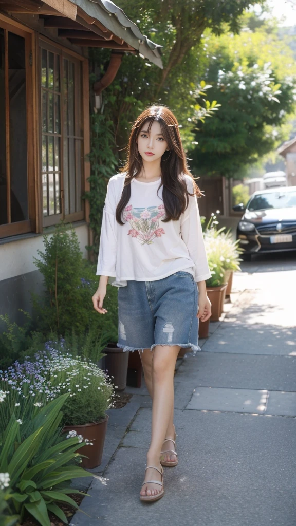 a young woman with chin-length hair, straight and heavy hair, neatly dressed in rustic clothes, walking on a neat street slope, behind her a modern village house decorated with decorative flower pots.  large shady trees on either side.