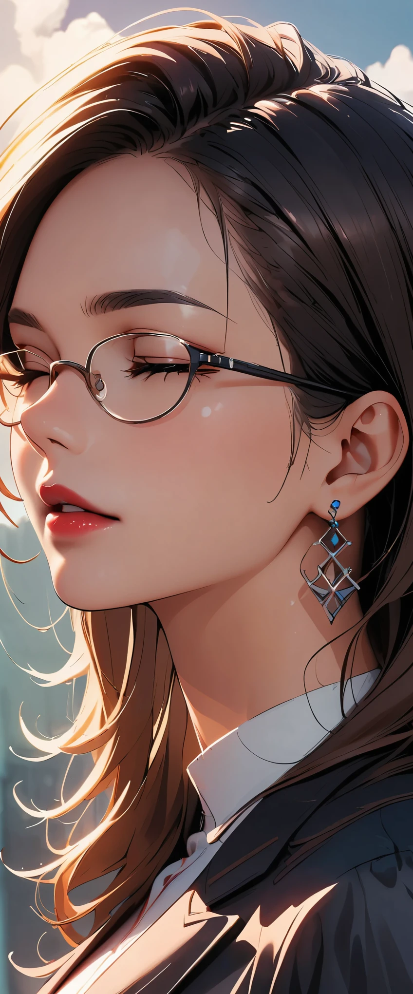 slightly curled hair, Rimless Glasses, Small spots under the corners of the mouth, / Note Lilac Earrings, Mouth slightly closed, Red lips, Surrealism, Attention to detail, Strong chiaroscuro, Film grain, Panorama, Ultra-high resolution, Accurate, Textured skin.