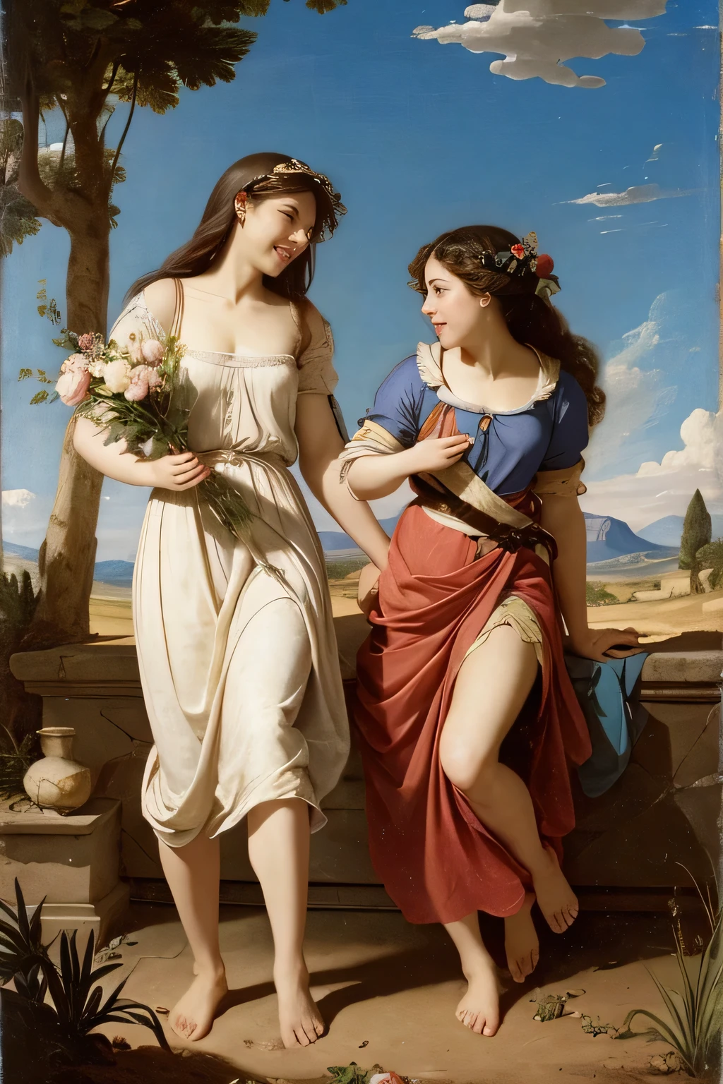 full body portrait or statue、Giorgione painting style,Arguments of two female Philosophe,math、astronomical machine、astronaut、roses in vase、fruits、Cute trinkets、smile、ancient greek costume、Ancient Roman landscape in the style of Nicolas Poussin,laughter,,Sweet and seductive appearance.、Caravaggio's paintings、Chiaroscuro of Caravaggio、hair tousled by the wind,Two women frolicking,cute smile, expression of ecstasy,Sexy,erotic,