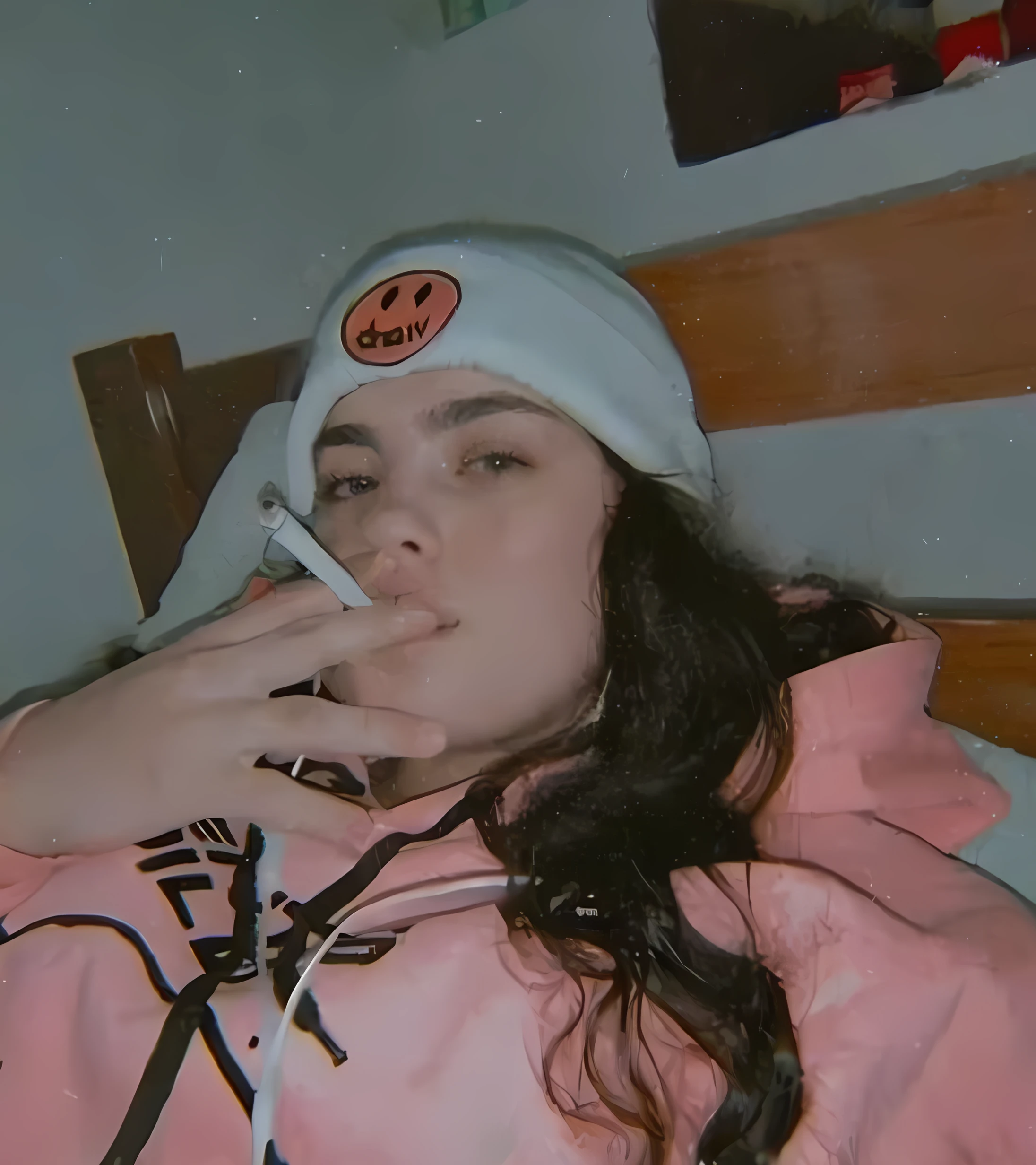 there is a woman in a pink jacket and a white hat on a cell phone, no estilo de Petra Collins, billie eilish, bladee da gangue de drenagem, billie eilish como uma freira triste, petra collins, Se eu, billie eilish como freira, Declan McKenna, album art, post malone, o magro, lofi aesthetic