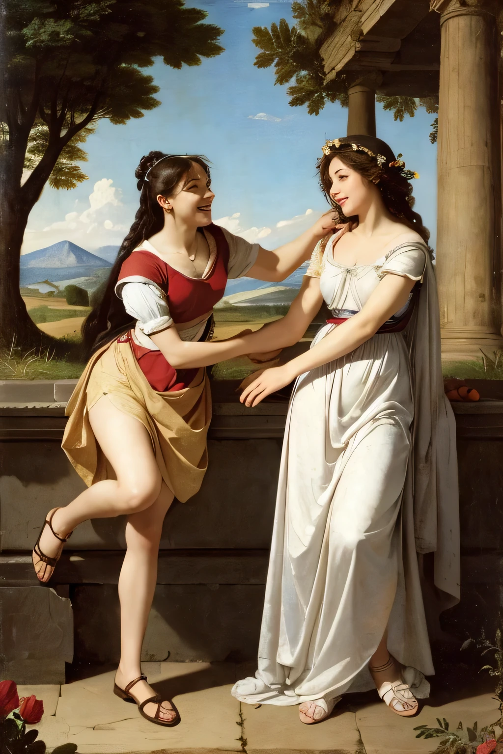 full body portrait or statue、Giorgione painting style,Arguments of two female Philosophe,math、astronomical machine、astronaut、roses in vase、fruits、Cute trinkets、smile、ancient greek costume、Ancient Roman landscape in the style of Nicolas Poussin,laughter,,Sweet and seductive appearance.、Caravaggio's paintings、Chiaroscuro of Caravaggio、hair tousled by the wind,Two women frolicking,cute smile, expression of ecstasy,Sexy,erotic,
