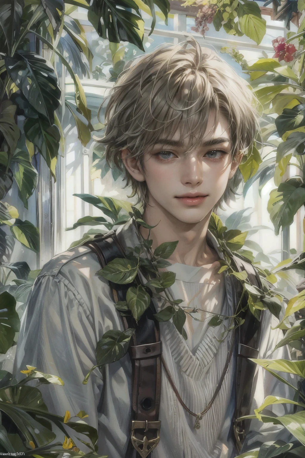 (masterpiece, top quality, best quality, official art, enchanting and aesthetic:1.2), (1 boy), smile face, male, guy, face focus, anime, teen guy, young man , best fashion outfit on boy in gardening outfit, plants vibes, extremely detailed accessory, pale skintone (realistic art:1.3),highest detail, kenouji, Teen, boy, young man, male, short hair, close-up face, perfect face, extremely clean details, extremely detailed surrounding greenhouse , very clean details 