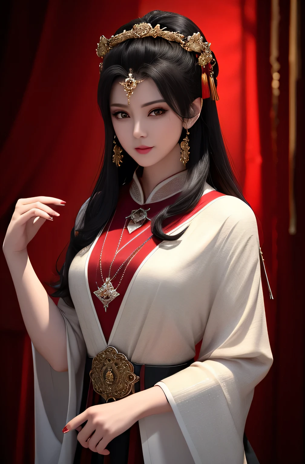 best quality, Masterpiece, vampire, Fully covered by red and black cloth., visible vampire teeth, height, 1 girl,Chinese dress,hair decorations,necklace, decorations,Beautiful face,when_body, Tyndall Effect,realistic, dark studio, By the light, Two tone light,(Highly detailed skin:1.2), 8k uh, DSLR, soft light, High quality, Volumetric light, Straightforward, photo, high resolution, 4k, 8k, Bokeh