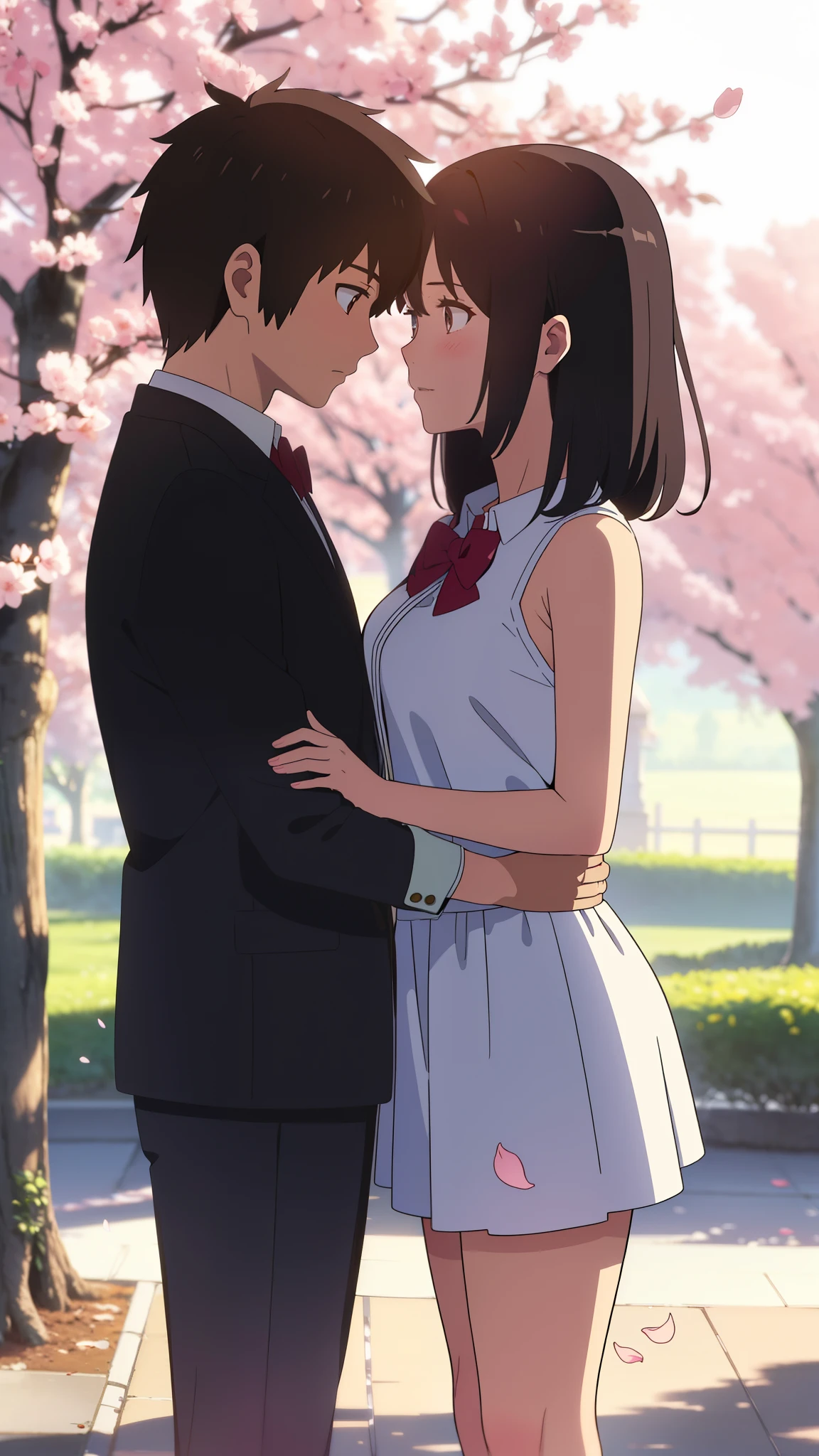 shinkai makoto, kimi no na wa., 1girl, 1boy, bangs, black hair, blush, brown eyes, (boy wear casual clothes), ((girl wear white dress, short dress, bare shoulders, skirt), red headband, red bow, red ribbon), short hair, cute, love, couple, adorable, dating, (((face to face))), passionate hug, cherry_blossoms, falling_petals, petals, branch, pink_flower, sunset, sunlight, evening, sky, spring_season, tree, upper body portrait
