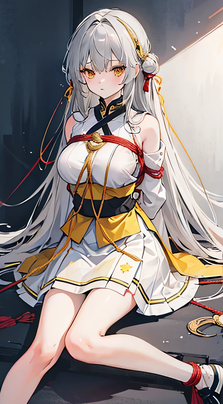 high quality, masterpiece, Very detailed,Long Hair, beautiful girl,Gray Hair,Yellow Eyes,Shoulder Bare,Sacred Gold and White Clothing,Short skirt,View you,My body is tied with a rope,My legs are tied with ropes,controlled,bondage,bound,Red cheeks