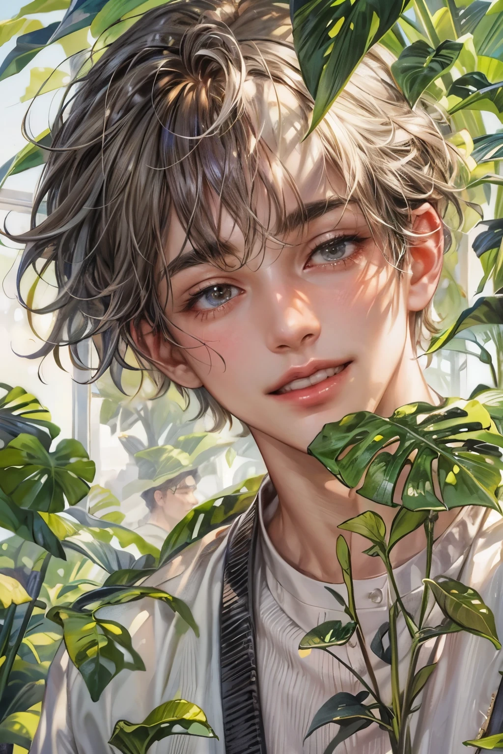 (masterpiece, top quality, best quality, official art, enchanting and aesthetic:1.2), (1 boy), smile face, male, guy, face focus, anime, teen guy, young man , best fashion outfit on boy in gardening outfit, plants vibes, extremely detailed accessory, pale skintone (realistic art:1.3),highest detail, kenouji, Teen, boy, young man, male, short hair, close-up face, perfect face, extremely clean details, extremely detailed surrounding greenhouse , very clean details 