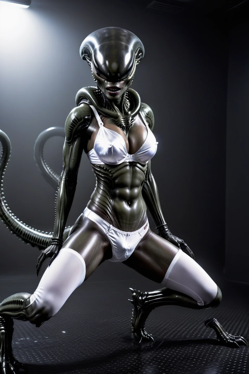 female xenomorph , white underpants and bra, tail, spread legs, spreading, frontal view, black skin, white panties, white bra, shiny, reflective