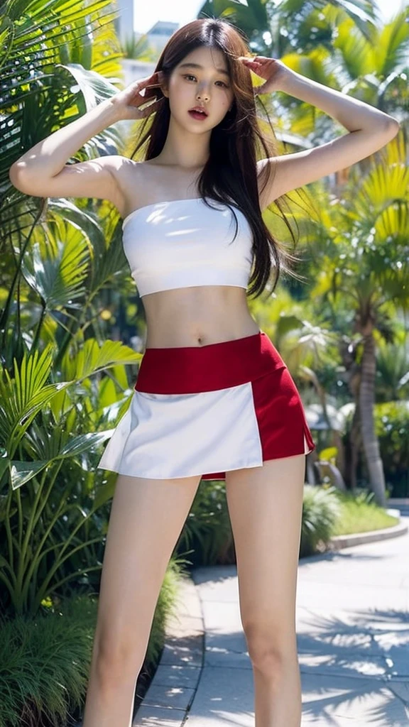 1 woman, 15 year old Asian woman, beautiful girl, in the park, beautiful sunlight, white crop top, collarbone, shoulder, red short skirt, Beautiful legs, navel, armpit, Highly detailed, Very realistic