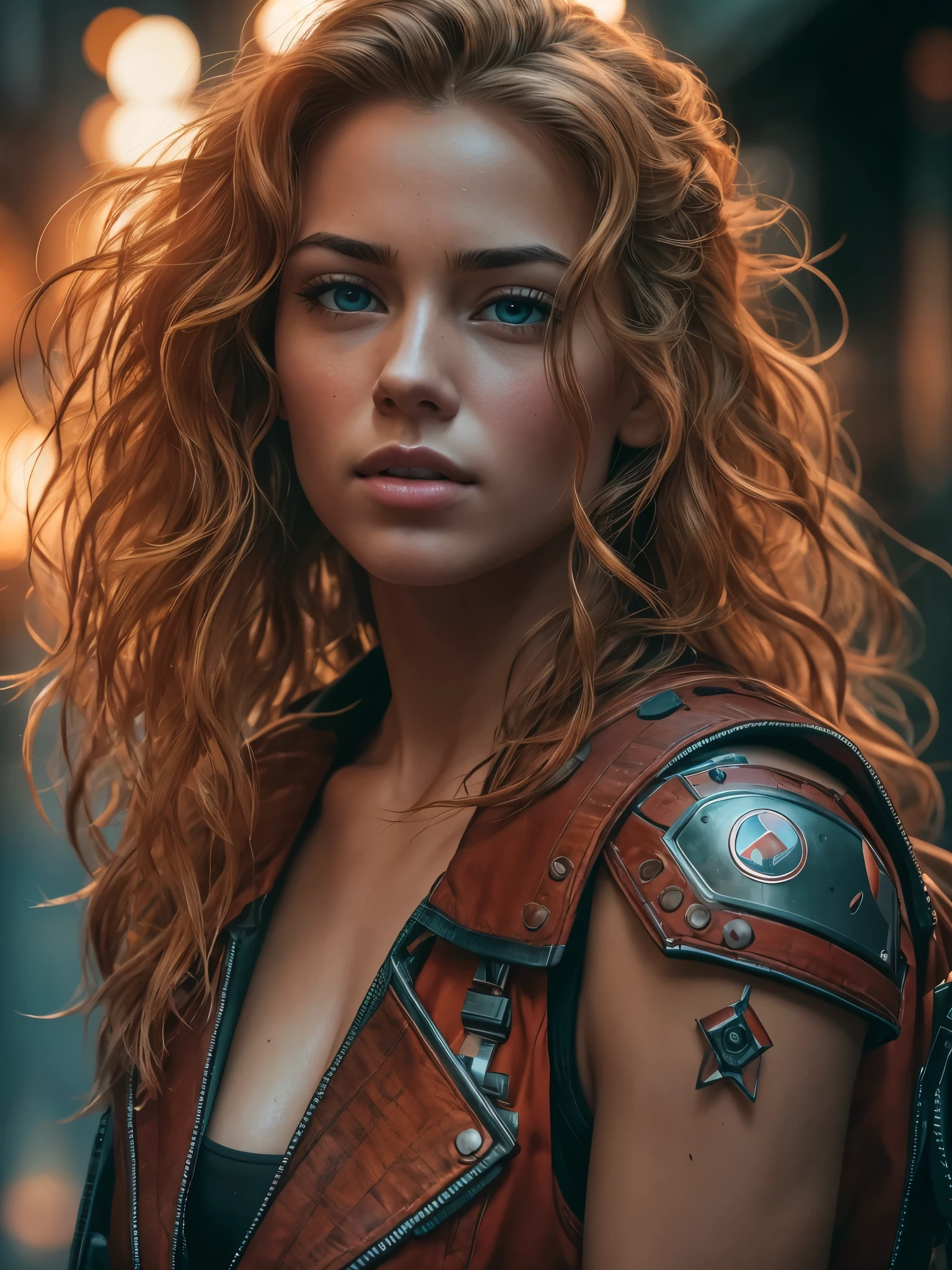 Full face portrait photo of a 25-year-old European girl, RAW, beautiful woman, beautiful lips:5, dimples, wistful look, (extra-long wavy red-blond hair), ((detailed face)), ((detailed facial features)), (finely detailed skin), tanned skin, (deep neckline detailed high-tech cyberpunk dress), cyberpunk megacity environment, (cool colors), damp, reflections, (masterpiece) (perfect proportion)(realistic photo)(best quality) (detailed) shot on a Canon EOS R5, 50mm lens, F/2.8, HDR, (8k) (wallpaper) (cinematic lighting) (dramatic lighting) (sharp focus) (intricate), RAW photo, RAW photo, gigachad photo, posing for camera, black jeans, back arms, 8k uhd, dslr, high quality, grain film, Fujifilm XT3, film stock photography 4 kodak portra 400 camera f1.6 lens rich colors hyper realistic texture dramatic lighting unrealengine trend in artstation cinestill 800 tungsten, toughboy style, ultra focus face, intimidating, in fighting position, short messy hair, muscular, bursting veins, beaded