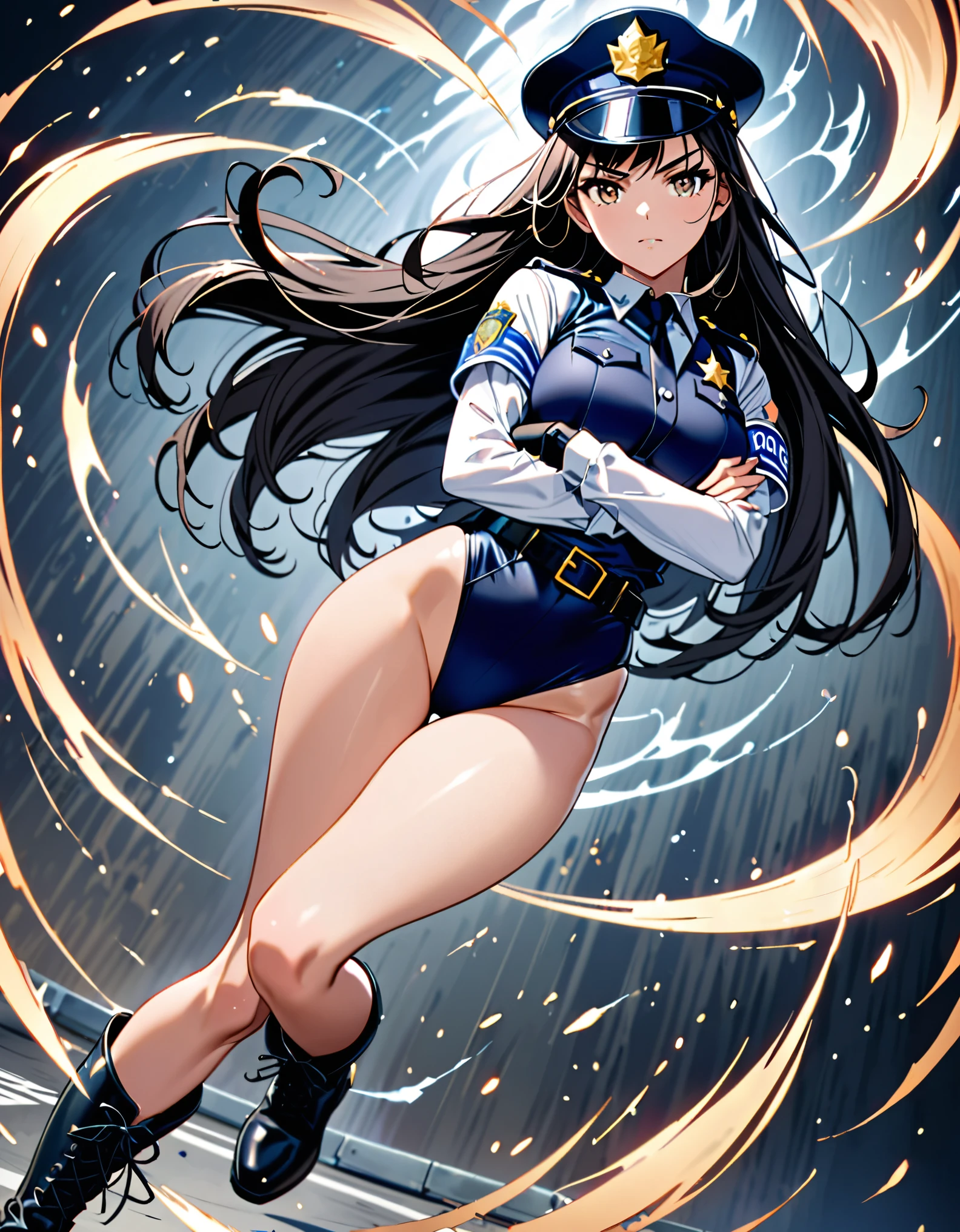 (masterpiece), (best quality), (high res),1girl, tall body, ((long hair, jet black hair)), (hazel eyes) beautiful detailed eyes, beautiful detailed face, cute face, perfect hands, complete fingers, perfect anatomy, perfect proportions, ((hat, black police hat)), ((leotard, matching leotard, bare legs)), ((boots, matching boots)), breasts, medium breasts, fingerless gloves, (full body portrait), looking at viewer, solo, solo focus, police uniform, cowboy shot, (belt, tight belt), (armbands, white sleeves), serious, crossed arms, full body costume design. ahoge, she spins at an incredible speed, creating a whirlwind of air around her, spins fast in place like a tornado.