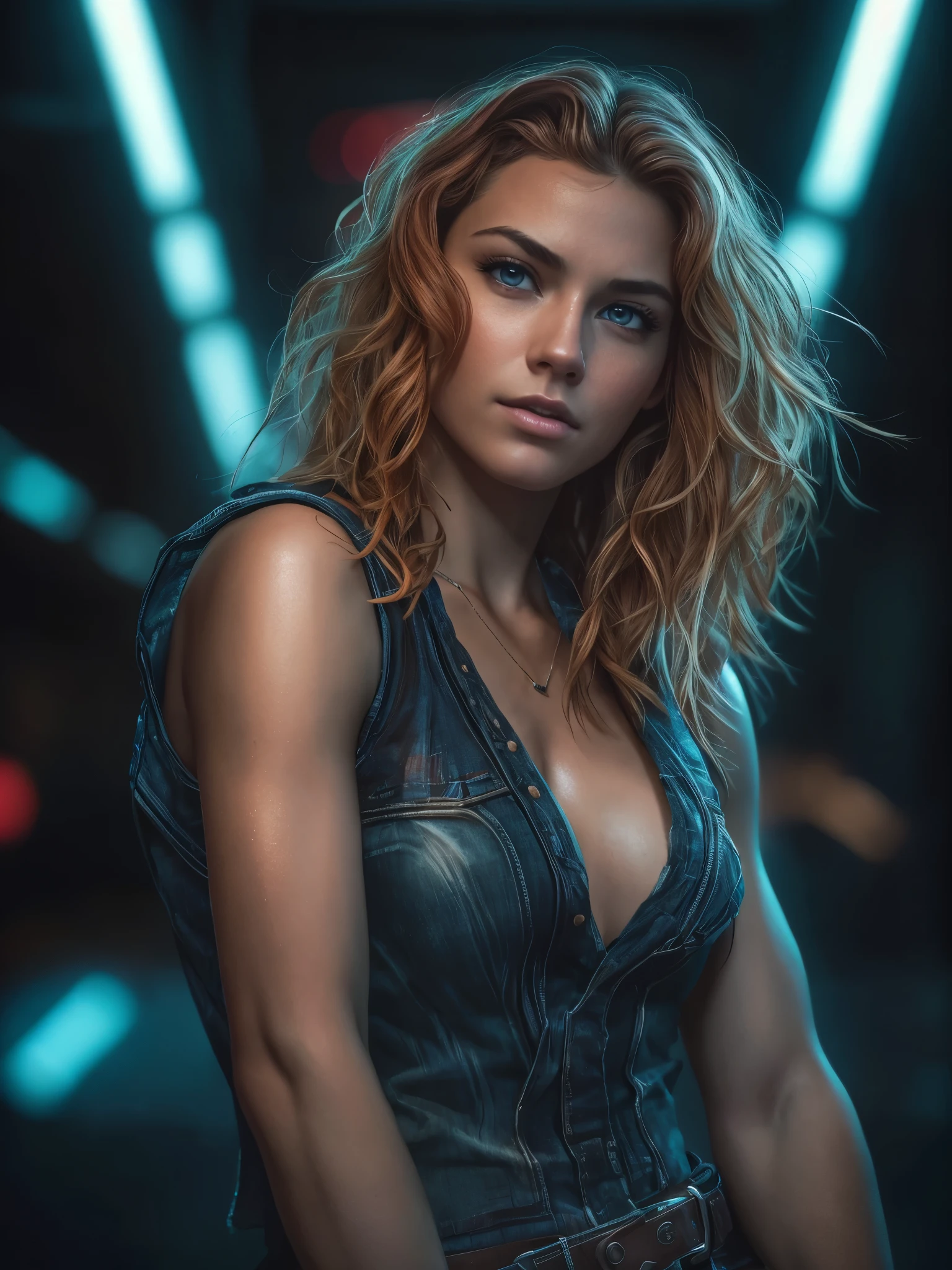 Full face portrait photo of a 25-year-old European girl, RAW, beautiful woman, beautiful lips:5, dimples, wistful look, (extra-long wavy red-blond hair), ((detailed face)), ((detailed facial features)), (finely detailed skin), tanned skin, (deep neckline detailed high-tech cyberpunk dress), cyberpunk megacity environment, (cool colors), damp, reflections, (masterpiece) (perfect proportion)(realistic photo)(best quality) (detailed) shot on a Canon EOS R5, 50mm lens, F/2.8, HDR, (8k) (wallpaper) (cinematic lighting) (dramatic lighting) (sharp focus) (intricate), RAW photo, RAW photo, gigachad photo, posing for camera, black jeans, back arms, 8k uhd, dslr, high quality, grain film, Fujifilm XT3, film stock photography 4 kodak portra 400 camera f1.6 lens rich colors hyper realistic texture dramatic lighting unrealengine trend in artstation cinestill 800 tungsten, toughboy style, ultra focus face, intimidating, in fighting position, short messy hair, muscular, bursting veins, beaded