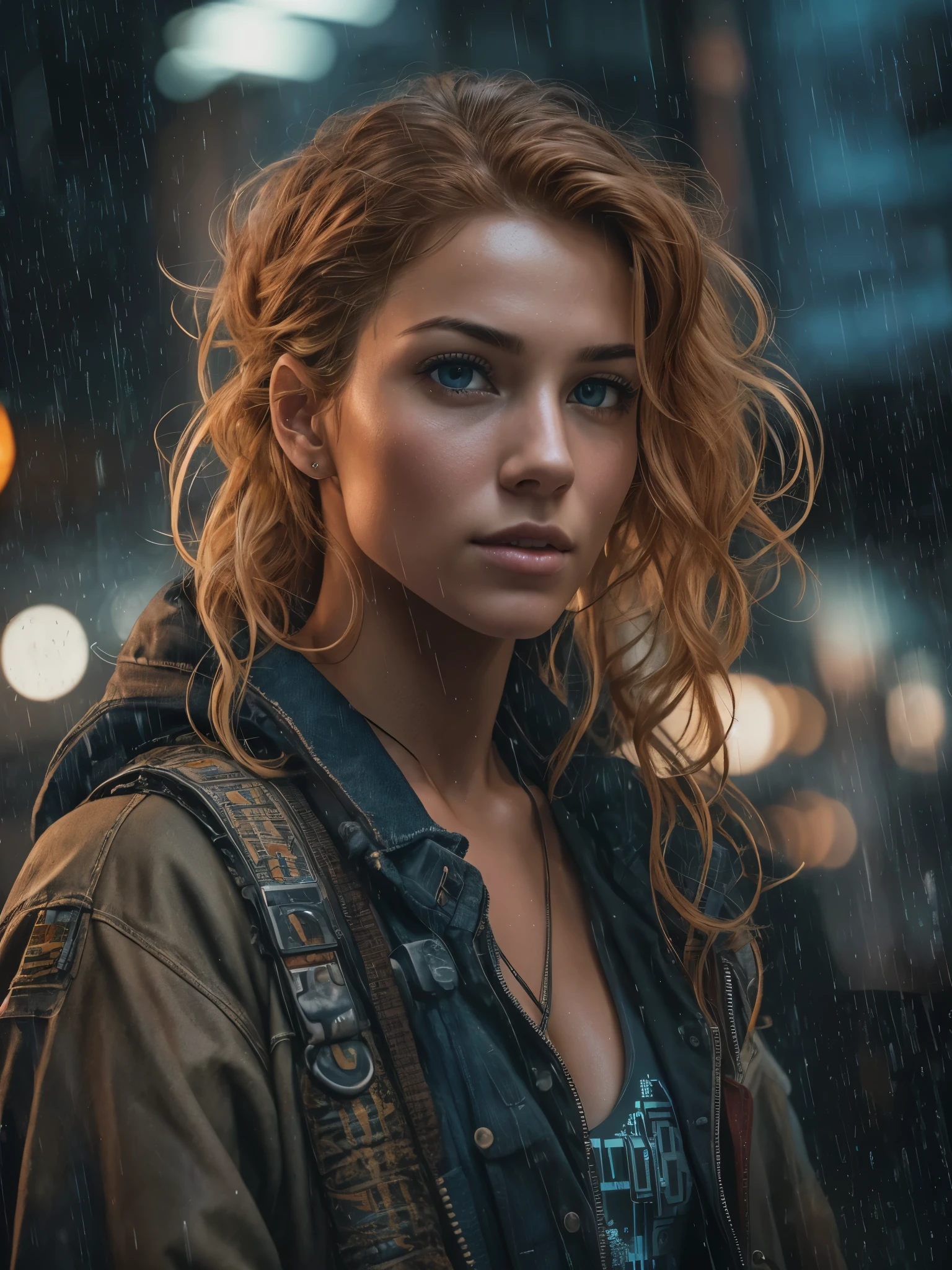 Full face portrait photo of a 25-year-old European girl, RAW, beautiful woman, beautiful lips:5, dimples, wistful look, (extra-long wavy red-blond hair), ((detailed face)), ((detailed facial features)), (finely detailed skin), tanned skin, (deep neckline detailed high-tech cyberpunk dress), cyberpunk megacity environment, (cool colors), damp, reflections, (masterpiece) (perfect proportion)(realistic photo)(best quality) (detailed) shot on a Canon EOS R5, 50mm lens, F/2.8, HDR, (8k) (wallpaper) (cinematic lighting) (dramatic lighting) (sharp focus) (intricate), RAW photo, RAW photo, gigachad photo, posing for camera, black jeans, back arms, 8k uhd, dslr, high quality, grain film, Fujifilm XT3, film stock photography 4 kodak portra 400 camera f1.6 lens rich colors hyper realistic texture dramatic lighting unrealengine trend in artstation cinestill 800 tungsten, toughboy style, ultra focus face, intimidating, in fighting position, short messy hair, muscular, bursting veins, beaded