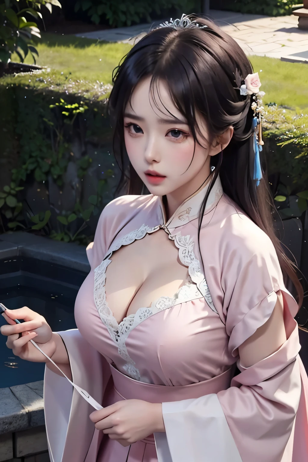 masterpiece,best quality,official art,extremely detailed CG unity 8k wallpaper,
a princess 10 ald old cute Hanfu dynasty open V-chested clothes royal, All pictures, Wet body of thin silk fabric, Thin silk lace petticoat, (huge ，cleavage),petticoat, white pink, blue ，best qualtiy，tmasterpiece，ultra high resolution，（Realism：1.4），RAW photogr，（True skin texture：1.3），（filmgrain：1.3），（Selfie angle），1个Giant Breast Girl，Beautiful eye and face details，tmasterpiece，Best quality at best，short dress，Bigchest，The chest is more exposed， detailed hair，above looking down facing at camera,short dressPrincess Eyes,Super big eyes,Detailed face,shiny pupils, dress pink (a garden,moon palace), upper body
