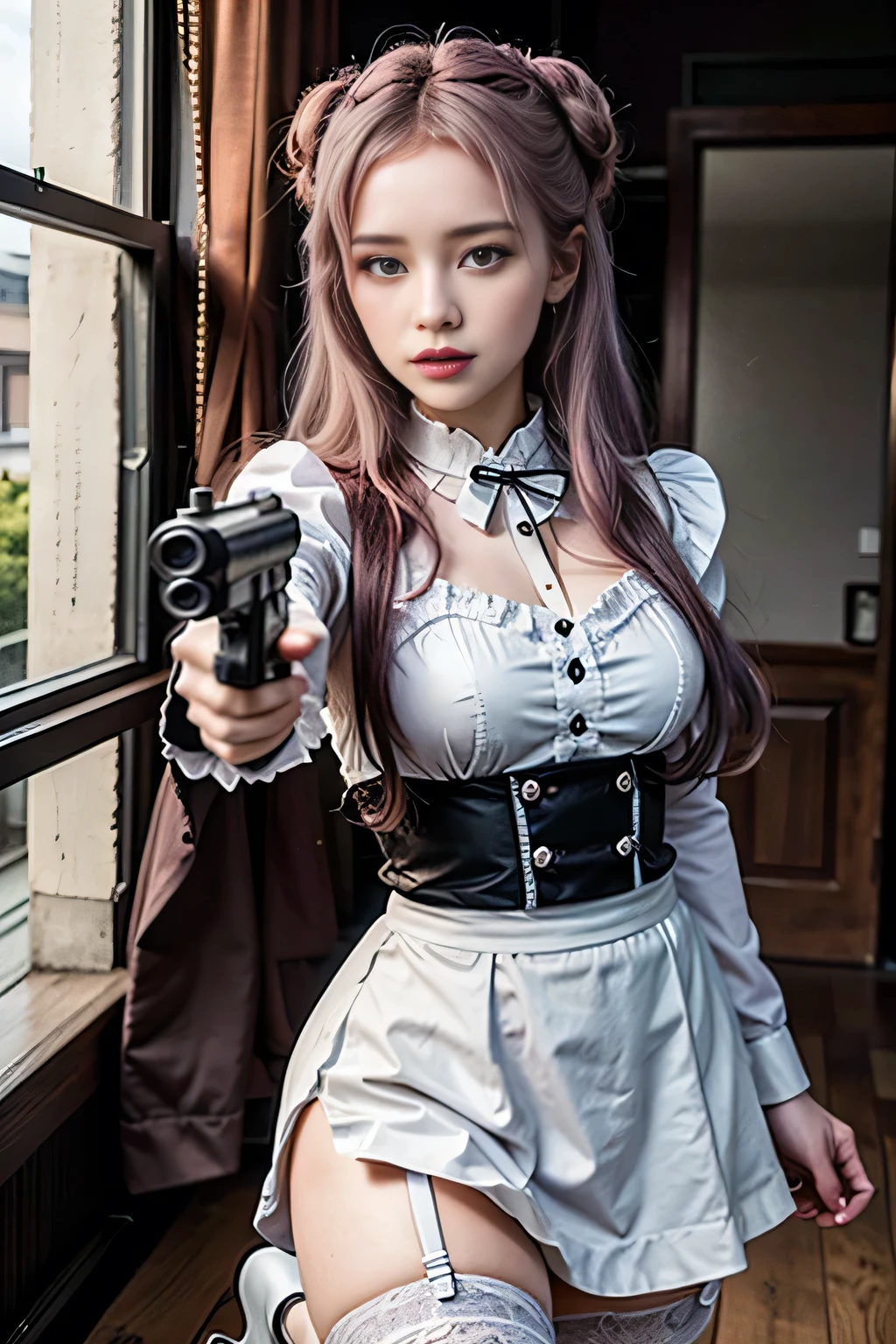 20 year old female maid, 20-year-old woman wearing traditional maid uniform, , , 20 year old woman has big breasts, Beautifully detailed face, A 20-year-old woman has a bun hairstyle, Natural sunlight, , Dynamic composition, Dynamic pose, , A 20-year-old woman is 170 cm tall., Anatomically correct body, The 20-year-old woman has two guns., 20 year old woman has purple hair, The 20-year-old woman has a gun in both hands., Red lipstick, A 20-year-old woman is wearing a black skirt with frills, Chic pumps, , 20 year old woman in garter belt and white stockings, Get on one knee, Has a handgun, Aimed at viewers, , , , Anatomically correct number of hands, , Face Shot, Anatomically correct leg shaping, , 20 year old woman in white panties,
