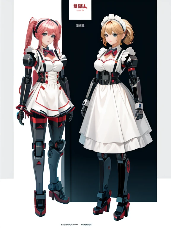 A woman who becomes a hero robot and a maid robot who supports the hero,
 Cute and pretty,
 Full Body Shot,
 The female is a maid robot with combined parts.々A beautiful female robot with a simple shape,
 Before after