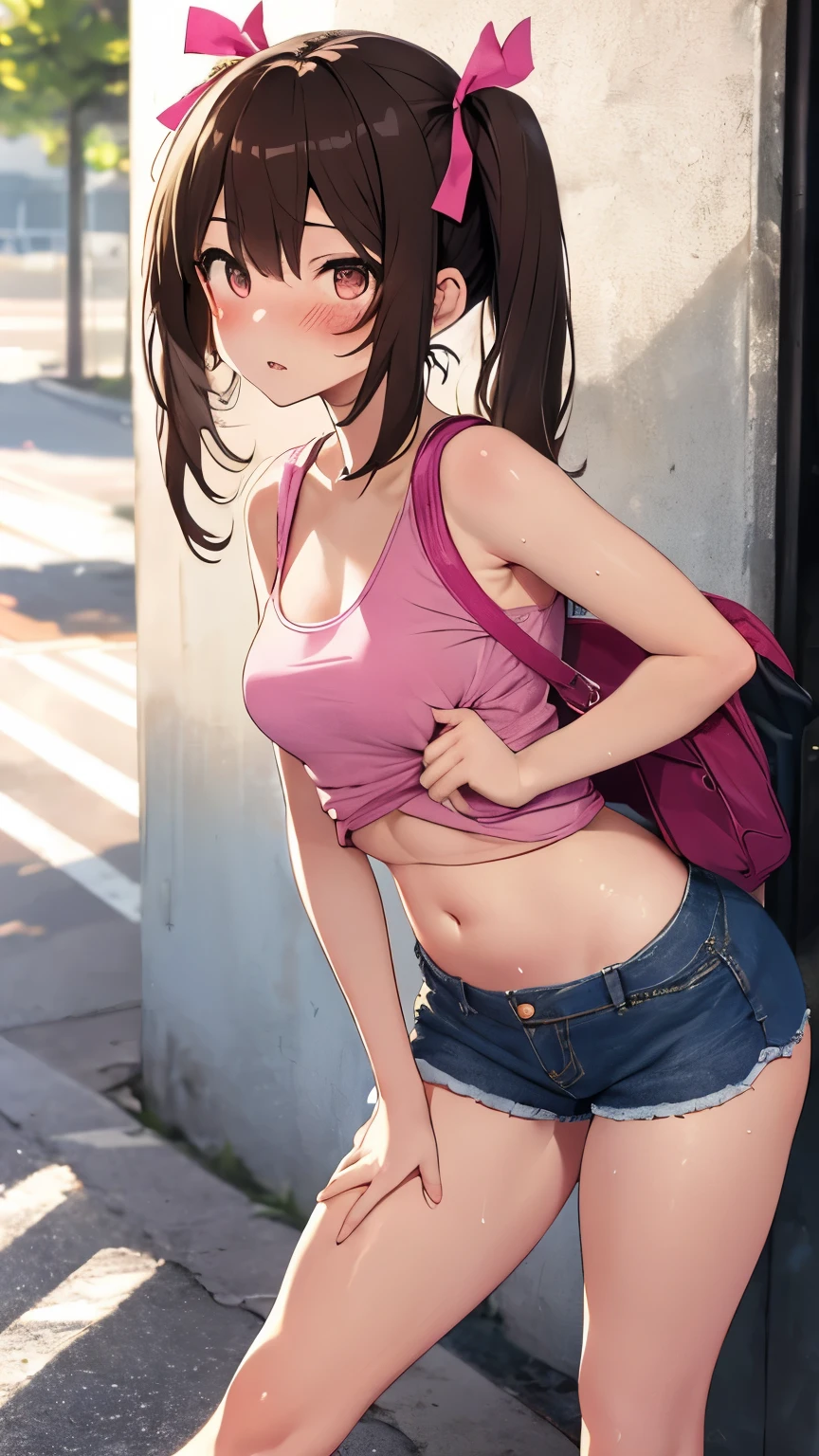 2D，highest quality，(masterpiece)，(whole body)，semi-long，Twin tails，Brown Hair，Wavy Hair，(Pink ribbon)，1 girl，young，Small ears，Healthy brown skin，Sunburn，(Denim hot pants)，Pink Tank Top，barefoot，flip flops，(Attractive thighs)，Butt，Plump figure，belly Button，summer，School Area，outside，get drunk，Sweat，Upper elementary school，，cheeks are bright red，Short length，(Forward bending pose)， (Please put your hands on your hips)，(Pink bag in hand)，Cute with bruises，erotic，I feel it，Denim hot pants，Breathe heavily，Girl Brat，Devilish Brat