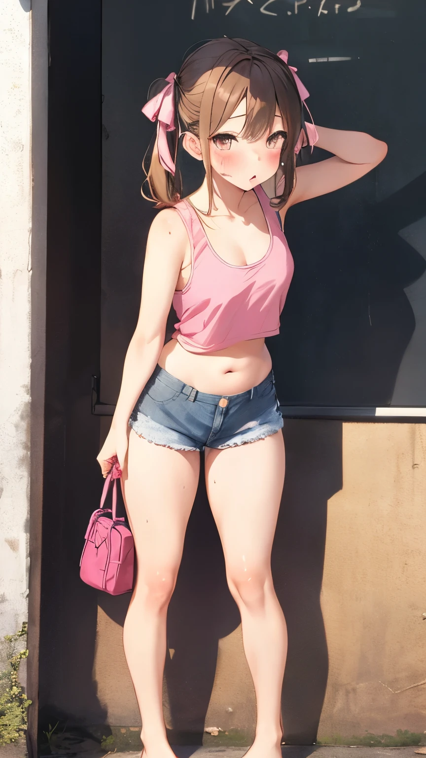 2D,highest quality,(masterpiece),(whole body),semi-long,Twin tails,Brown Hair,Wavy Hair,(Pink ribbon),1 girl,young,Small ears,Healthy brown skin,Sunburn,(Denim hot pants),Pink Tank Top,barefoot,flip flops,(Attractive thighs),Butt,Plump figure,belly Button,summer,School Area,outside,get drunk,Sweat,Upper ,,cheeks are bright red,Short length,(Forward bending pose), (Please put your hands on your hips),(Pink bag in hand),Cute with bruises,erotic,I feel it,Denim hot pants,Breathe heavily,Girl Brat,Devilish Brat