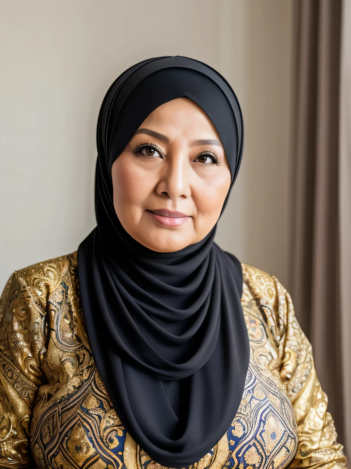 (Realistic) ((Hijab)) (real mature face) 68 Years old fat Brunei mature woman, sexy curvy, (sexy chubby body shape), Big : 34.9, soft smile, facing at camera, half body - professional photography with excellent lighting