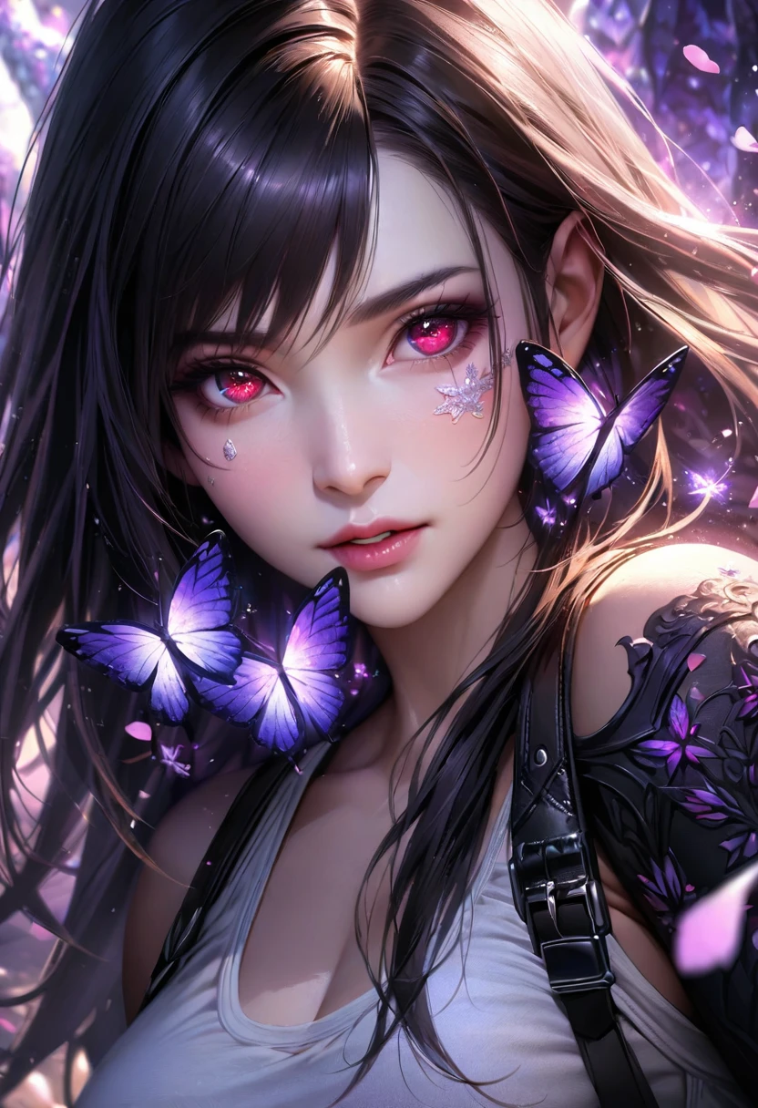 Ultra detailed, Highres, absurdres, HDR, master piece, Tifa Lockhart, black long hair, expressive red eyes, Final Fantasy Remake, purple ice flowers, petals, extremely beautiful, woman, solo, extremely detailed eyes and face, purple ice, purple ice glittering butterflies, realistic face, glittering,
