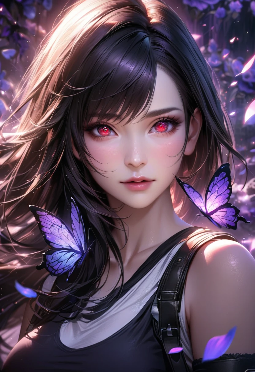 Ultra detailed, Highres, absurdres, HDR, master piece, Tifa Lockhart, black long hair, expressive red eyes, Final Fantasy Remake, purple ice flowers, petals, extremely beautiful, woman, solo, extremely detailed eyes and face, purple ice, purple ice glittering butterflies, realistic face, glittering,