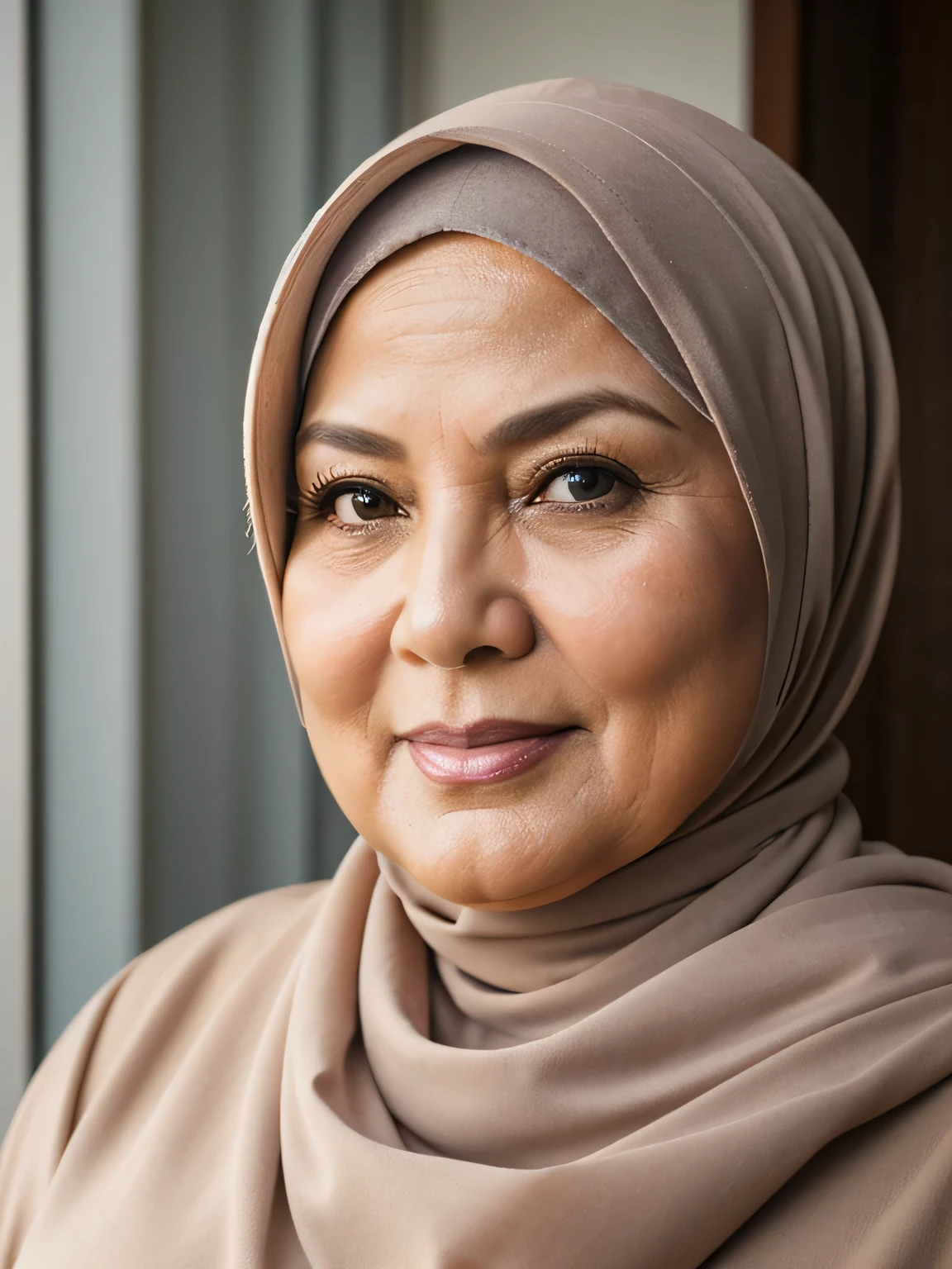 (Realistic) ((Hijab)) (real mature face) 68 Years old fat Brunei mature woman, sexy curvy, (sexy chubby body shape), Big : 34.9, soft smile, facing at camera, half body - professional photography with excellent lighting