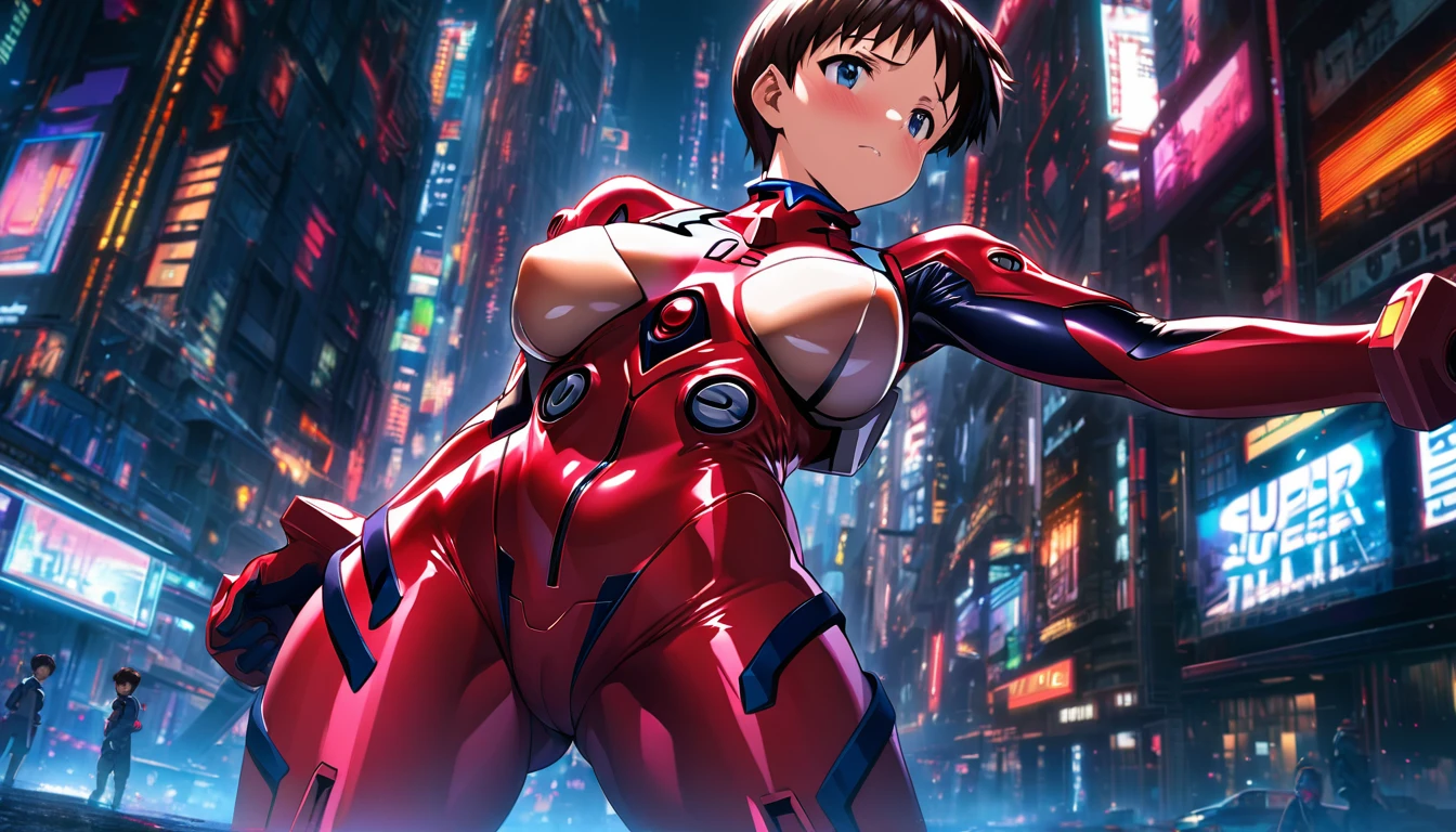 Evangelion plugsuit, male focus, ikari shinji, pilot suit Super big breasts breast enlargement blushing alone standing in sci-fi city full-body shot illustration, ultra-detailed, HDR, vibrant colors, soft lighting