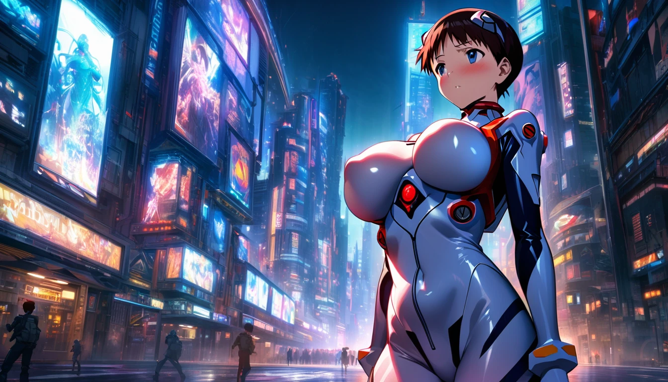 Evangelion plugsuit, male focus, ikari shinji, pilot suit Super big breasts breast enlargement blushing alone standing in sci-fi city full-body shot illustration, ultra-detailed, HDR, vibrant colors, soft lighting