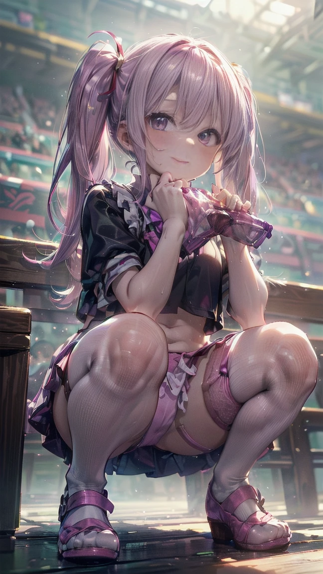 (Images that are not subject to viewing restrictions:1.5),(BESTquality),(16K),(Super Resolution),(White-skinned cute beauty),(Delicate anime),(High twin tail hair:1.5)(very cute),(very cute美女)(1 person),(Very delicate),(Squat with your feet wide apart:1.8),(smile),(Beautiful body:1.3),(Smart body:1.3),(Angle from below:1.2),(Worshiped by everyone:1.2),(Frilled Skirt:1.3),(blush),(誘うようなsmile:1.3),(PINK Panties:1.3),(Sit with your crotches wide open to the left and right.:1.8),(PINK Pantiesのスーパーモデル:1.3),(Sharp details of the crotch:1.2),(Bright lighting),(Belly button exposed:1.2),(See-through panties:1.2),(Frill Panties:1.3),(Thin suspenders:1.2),(White knee socks:1.2),(garter belt:1.3),(Sweating profusely),(Very hot day),(Largely torn clothes:1.3),(Belly button dent),(pink pump shoes:1.5),(She is doing a sports diet by doing squats with her legs spread wide apart:1.2),(Angle from the model's crotch:1.3),(DOUBLEHAND BEHIND HEAD AND SQUAT:1.3),(Slender sexy female legs:1.3),(Micro Panties:1.3) ( purple hair:1.3 ),({ Asamiya Athena :1.3 }),