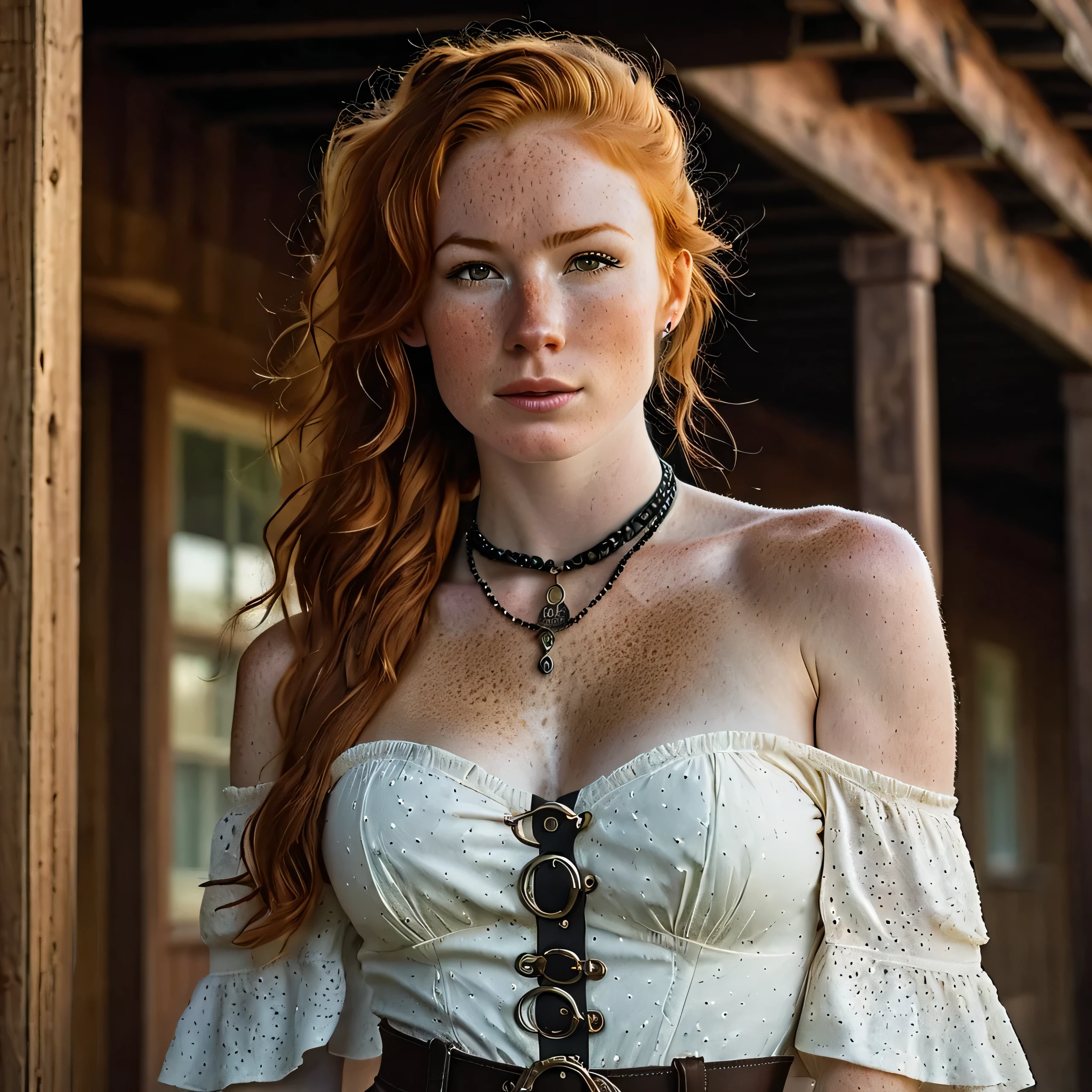 a 25-year-old ginger woman 5ft 6inch tall and 138lbs, whose beauty radiantly captivates the lens in a highly upscale and professionally retouched full-length image. Showcasing accurate facial and body details reflective of real-life, she exudes allure in a glancing pose at night in a wild west ghost town standing next to the gallows. Adding to her unique charm, shoulder length hair, freckles on face, expressive face, pale skin tone, tan lines, large breasts (D-cup breasts) average runners body, four pack abs, full body, (textured skin, skin pores:1.1), (moles:0.8), imperfect skin, goosebumps, average runners body, four pack abs, full body, large breasts (D-cup breasts), (textured skin, skin pores:1.1), (moles:0.8), imperfect skin, goosebumps, freckles on chest, freckles on arms, freckles on face, freckles on shoulders, freckles on back, freckles on thighs, some freckles on stomach, Clad in Neo-victorian White Solid Off Shoulder Costumes, Vintage Tiered Layer Maxi Dress, These black boots feature buckle strap designs with O-ring accents, Comes with a side zipper closure. , earnings and necklace and bracelets, shoulder length wavy hair in a ponytail, (extremely detailed 8k wallpaper), natural lighting, high quality, film grain, Fujifilm X-T30, f 5.6, 50mm, High Detail, Sharp focus, (natural light), (seductive)