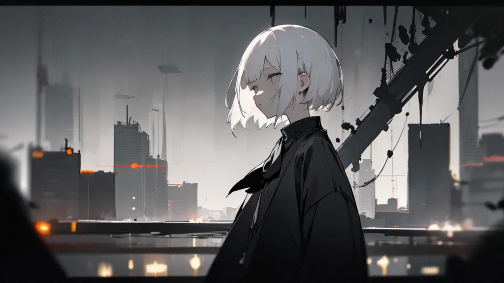 (masterpiece、highest quality)、Short nape hair、1 girl with very short white hair、Black cardigan、Grim expression、Grey Eyes、Warm lighting、 Blurred foreground、Deep in the night、High Contrast、night、In the city,it's snowing,Heavy snowfall,winter,Alone in the vast snowy field,whole body,curse,Facing forward,Huge construction,Flying with robot wings,full moon